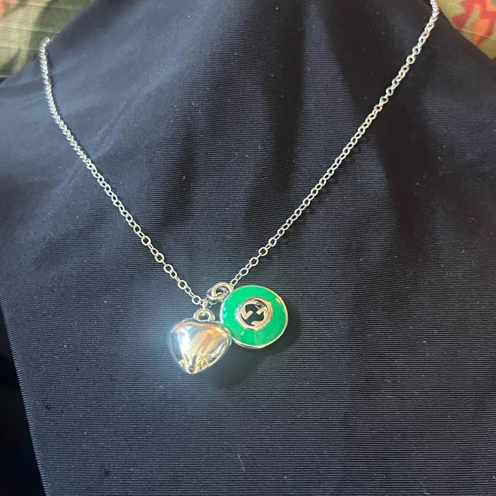 Gucci Green Emblem Zipper Pull on Unbranded Chain with Heart Pendant